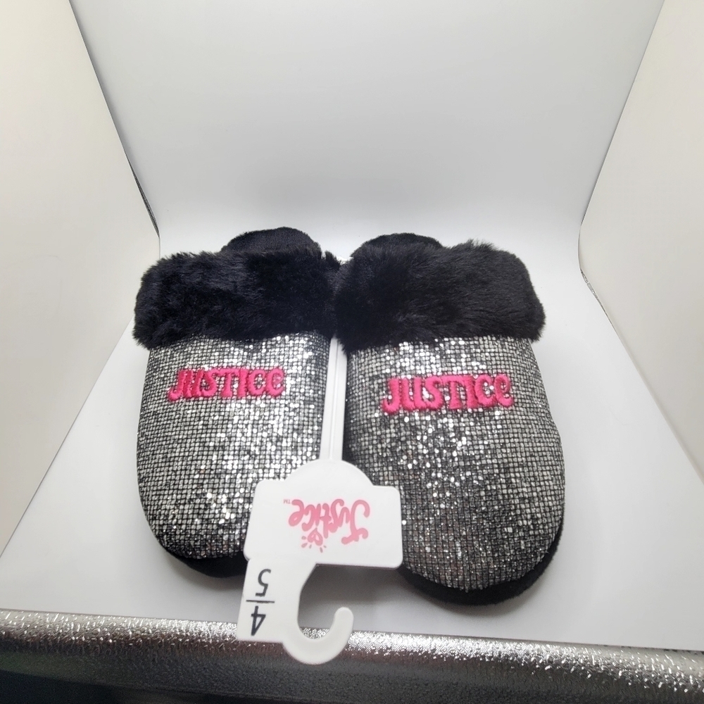 NWT Justice Size 4/5 Child Slippers Faux Fur Black Pink Embellished Spar…